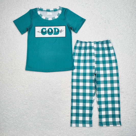 Blue plaid GOD IS GOOD Short Sleeve Pants Set