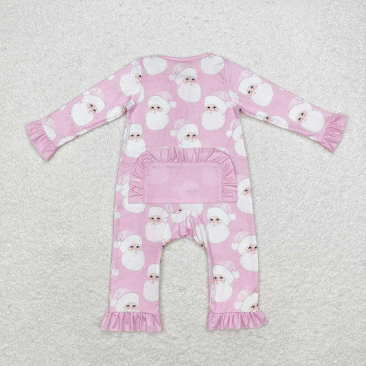 Christmas Pink Santa Print Baby Romper With zipper