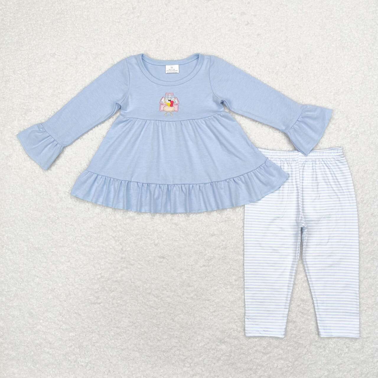 Thanksgiving Day Blue Embroidered Turkey Girls Outfits