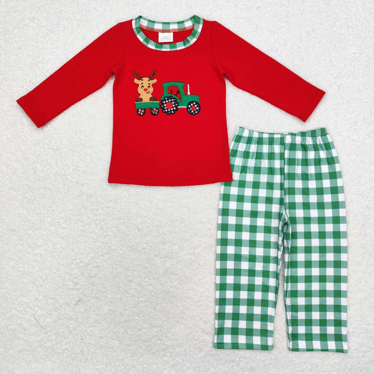 Christmas Elk Embroidery Green Plaid Boy Set