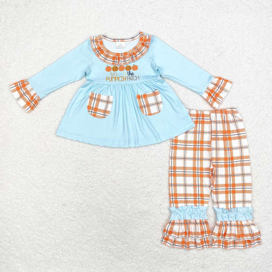 Pumpkin Blue Plaid Long Sleeve Trousers Girls Set