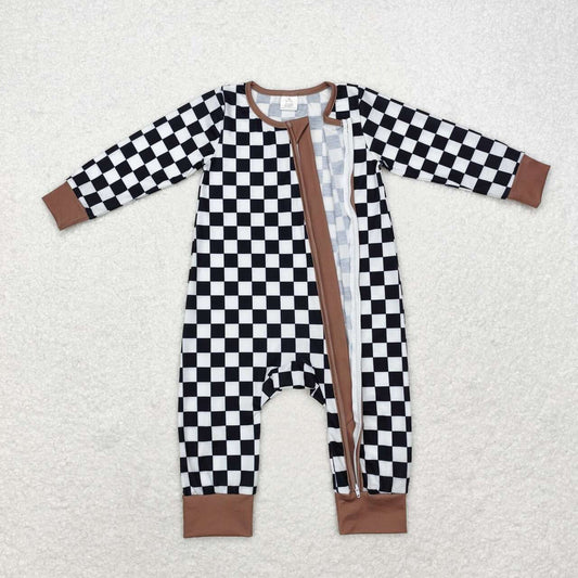 black and white plaid Print Zipper Romper