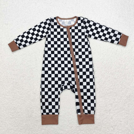 black and white plaid Print Zipper Romper