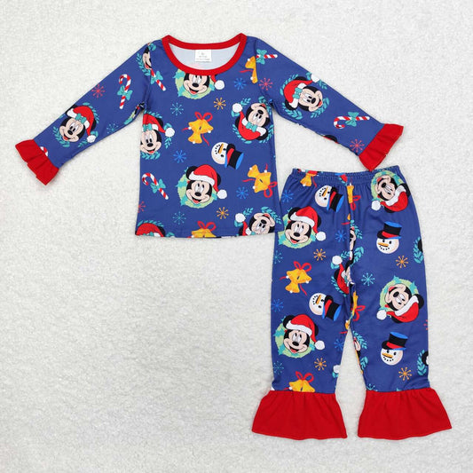 Christmas Blue Cartoon Print long sleeve pajamas