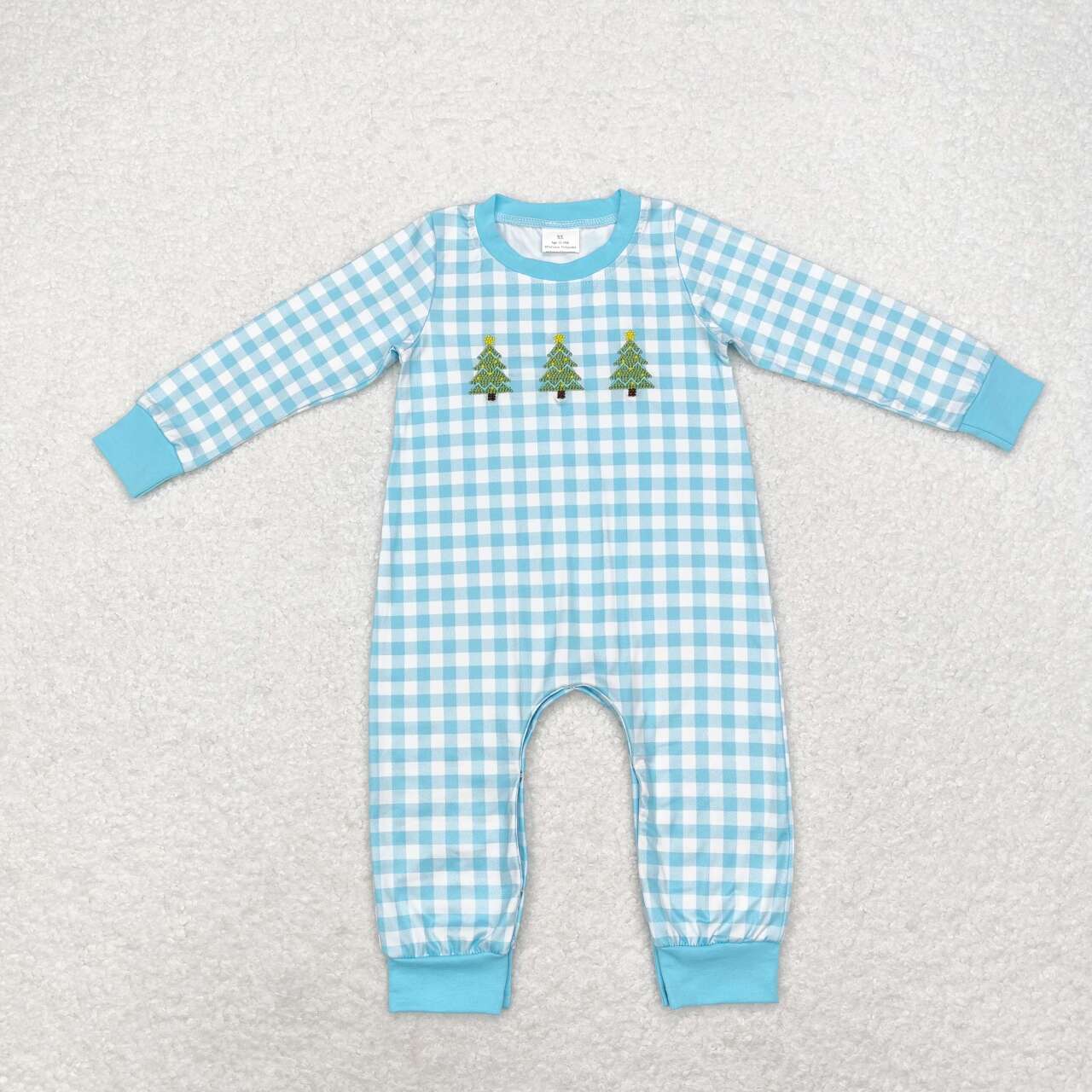 Christmas Blue Plaid Embroidery Tree Baby Romper