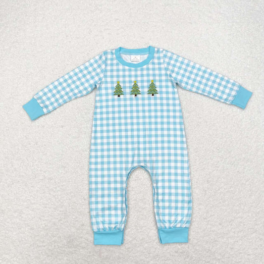 Christmas Blue Plaid Embroidery Tree Baby Romper