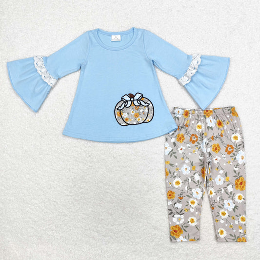 Fall Outfits Embroidery Blue Print floral Girls Set