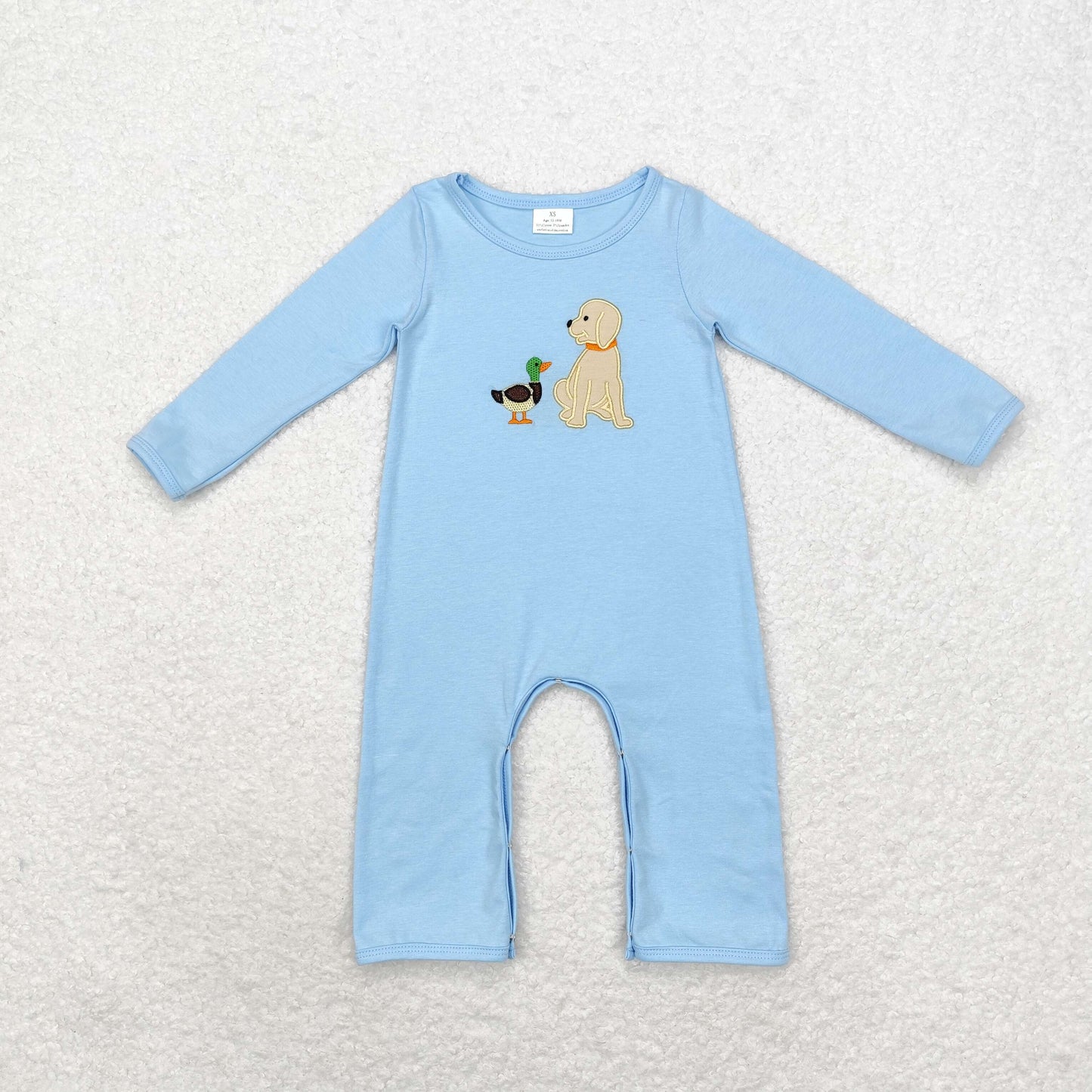 Blue Embroidery Duck Dog Baby Romper