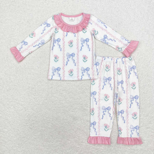 Pink Bow Print Long Sleeve Pajamas ( material contains bamboo