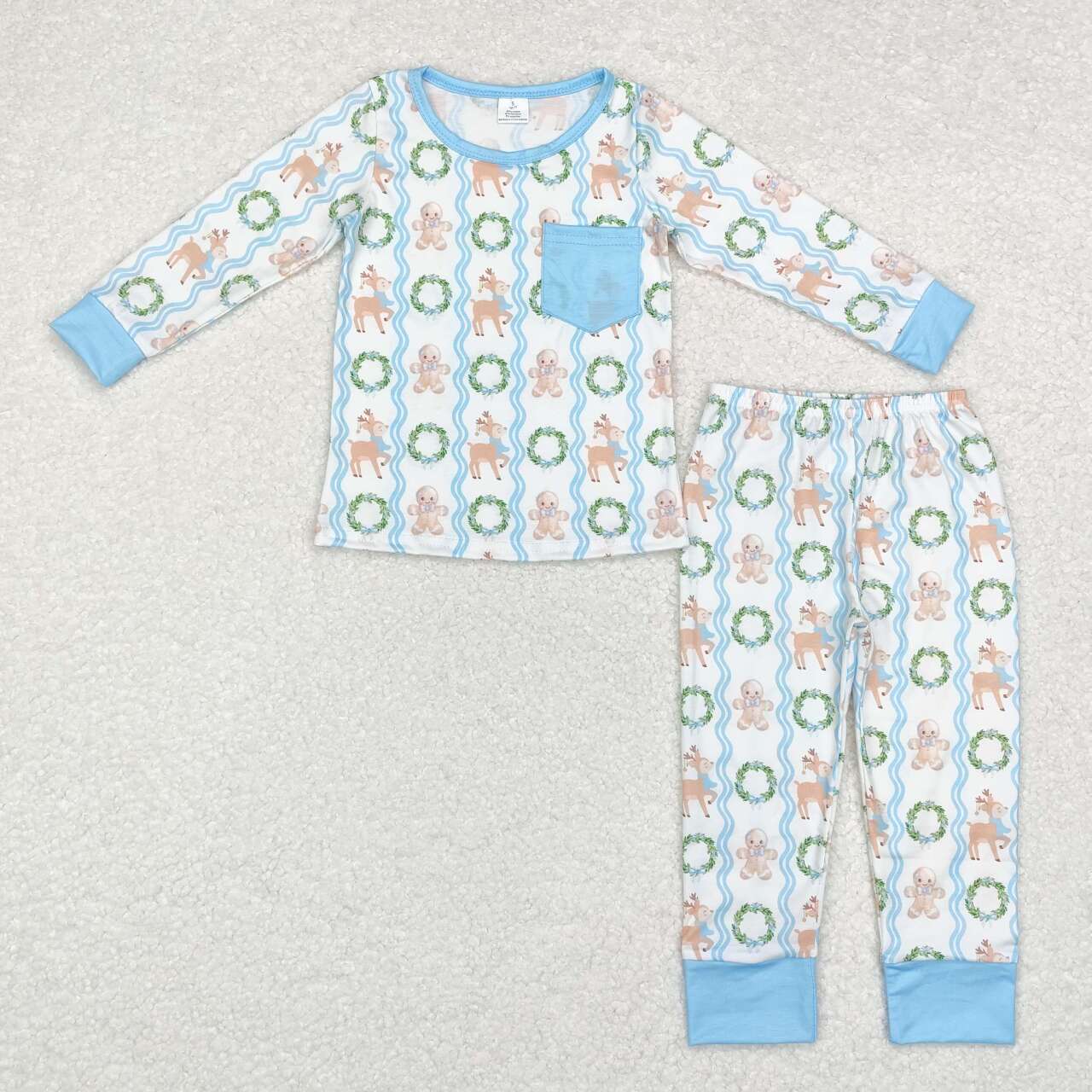 Christmas Blue Deer Print Long Sleeve Pajamas ( material contains bamboo ）