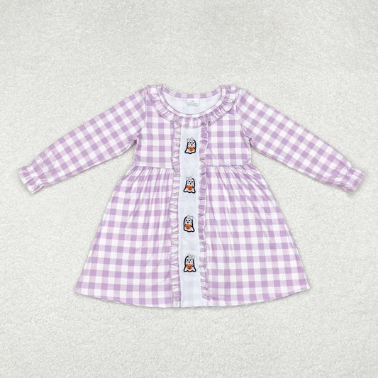 Halloween Purple plaid Ghost embroidered Girls Dress