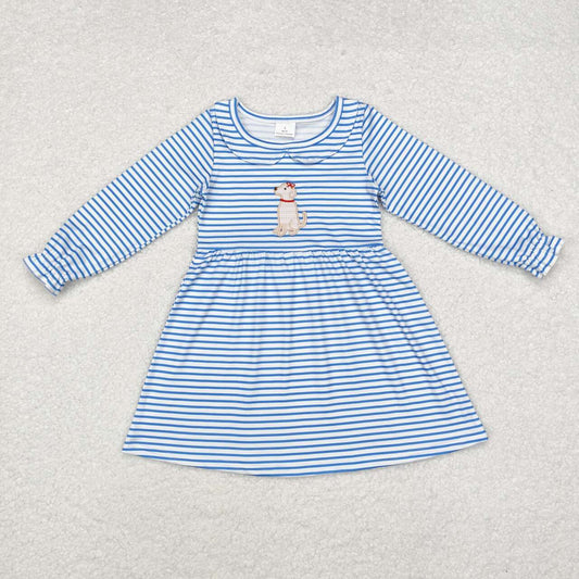 blue striped Dog embroidery Girls dress