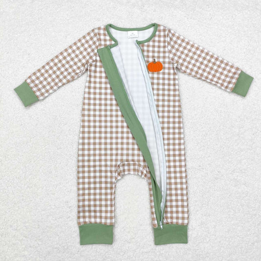 Plaid pumpkin Baby Romper With zipper