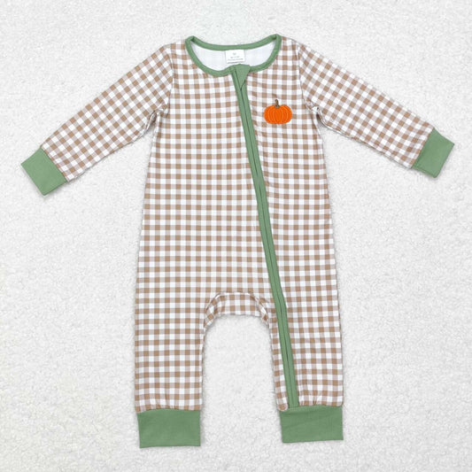 Plaid pumpkin Baby Romper With zipper