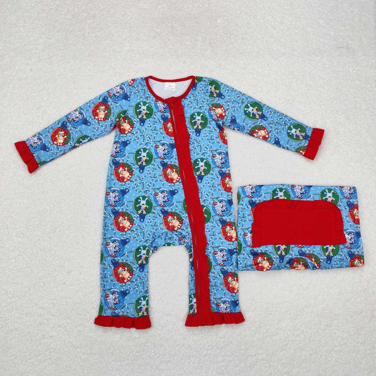 Christmas Blue Cartoon Dog Print Zipper Romper