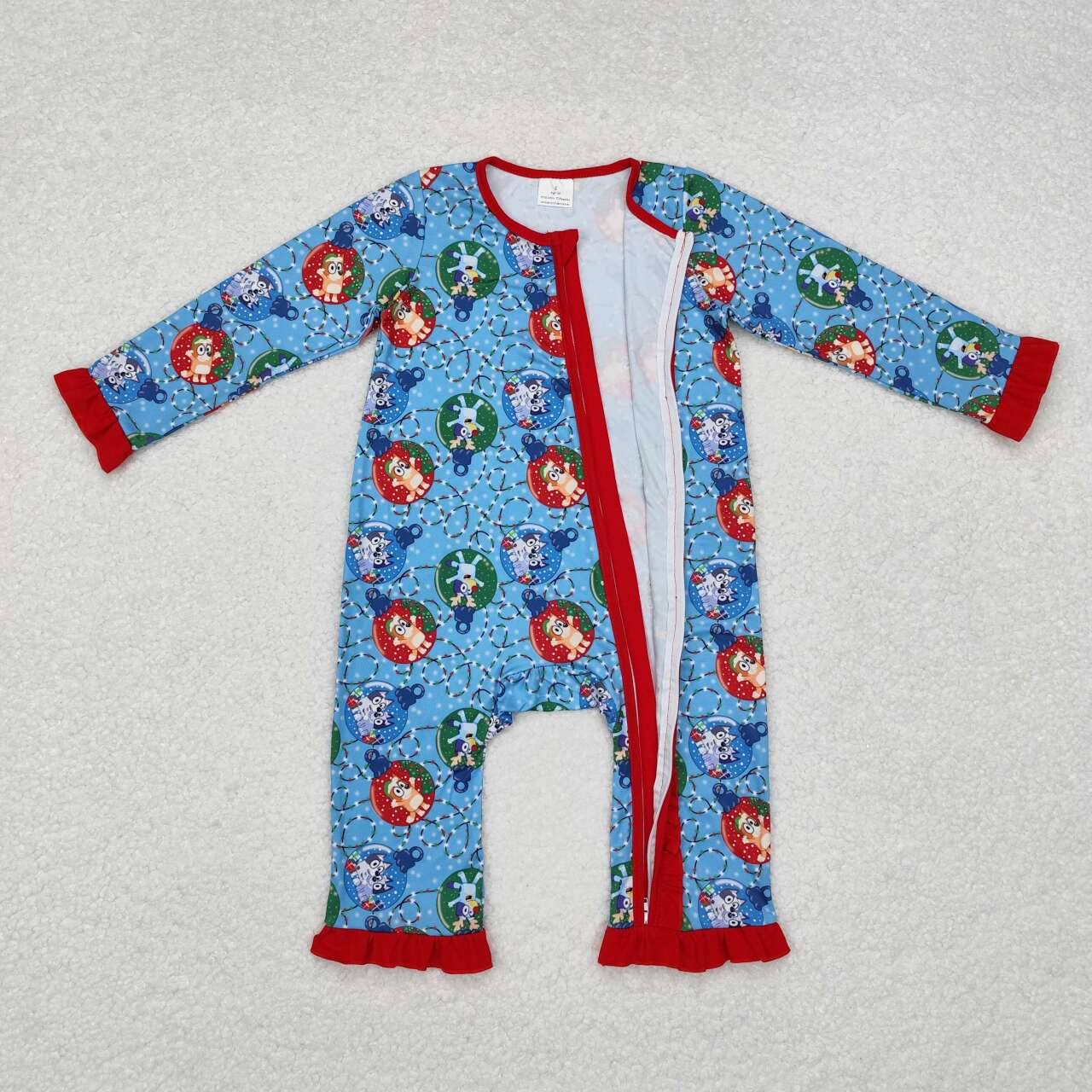 Christmas Blue Cartoon Dog Print Zipper Romper