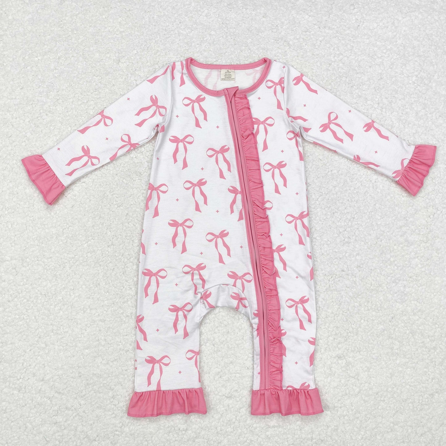 pink bow print Baby Romper With zipper( material contains bamboo ）