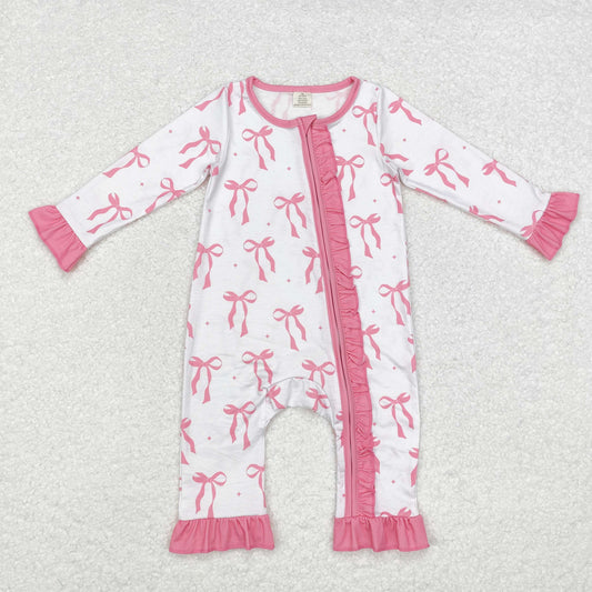 pink bow print Baby Romper With zipper( material contains bamboo ）