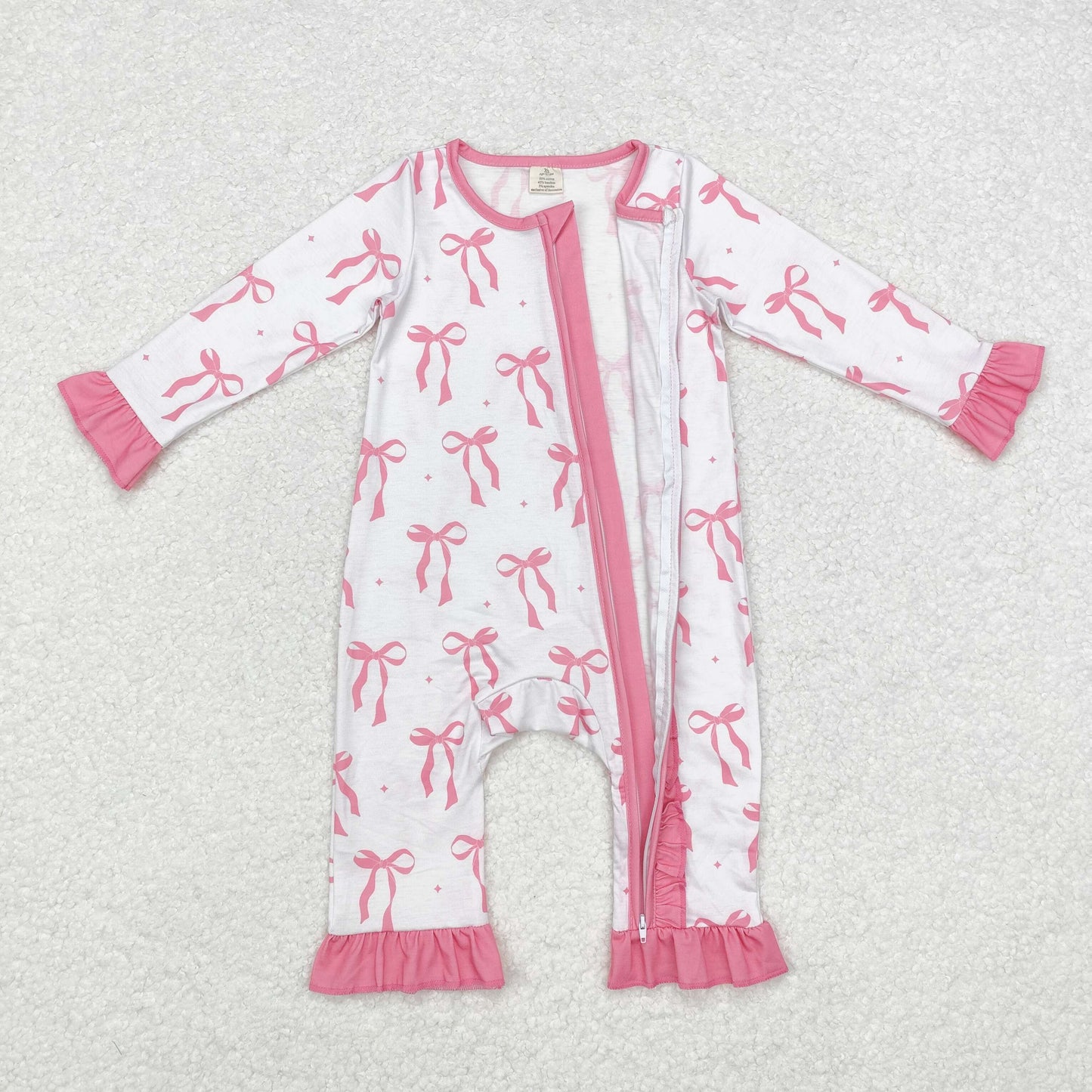 pink bow print Baby Romper With zipper( material contains bamboo ）