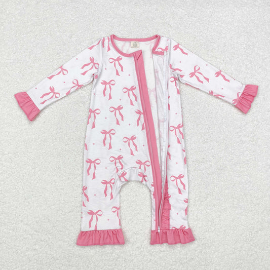 pink bow print Baby Romper With zipper( material contains bamboo ）