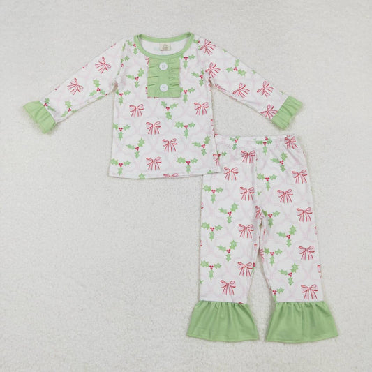 Christmas Bow print Long Sleeve Pajamas ( material contains bamboo )