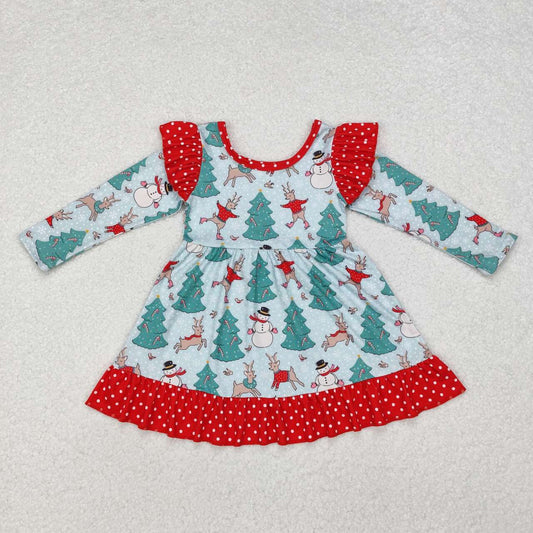 Christmas Green tree Pattern Cartoon Long Sleeve Girls Dress