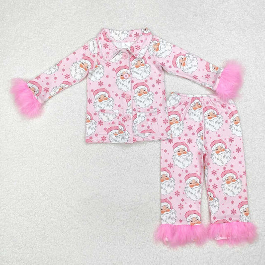 Christmas Pink Santa With Button Girls Pajamas