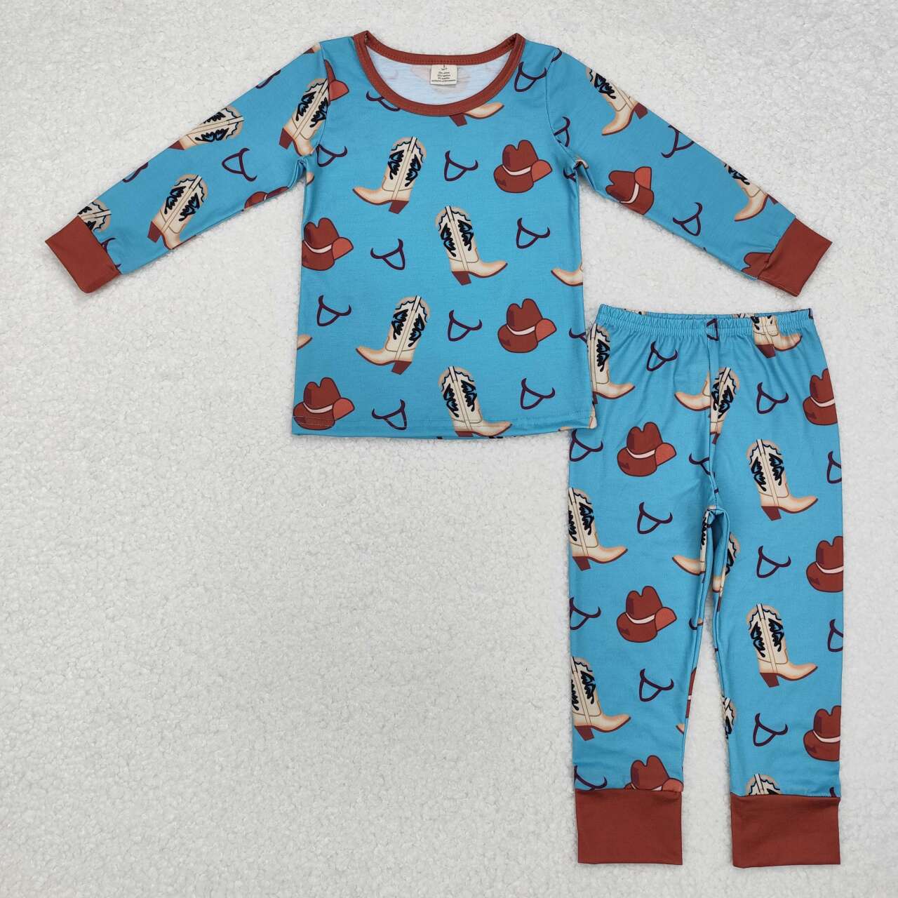 Western Blue Boots print Long Sleeve Pajamas ( material contains bamboo ）