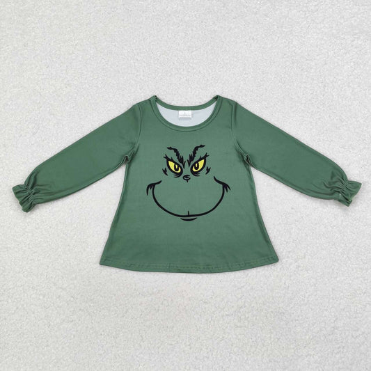 Christmas Green Cartoon Shirt Long Sleeve Girls Top