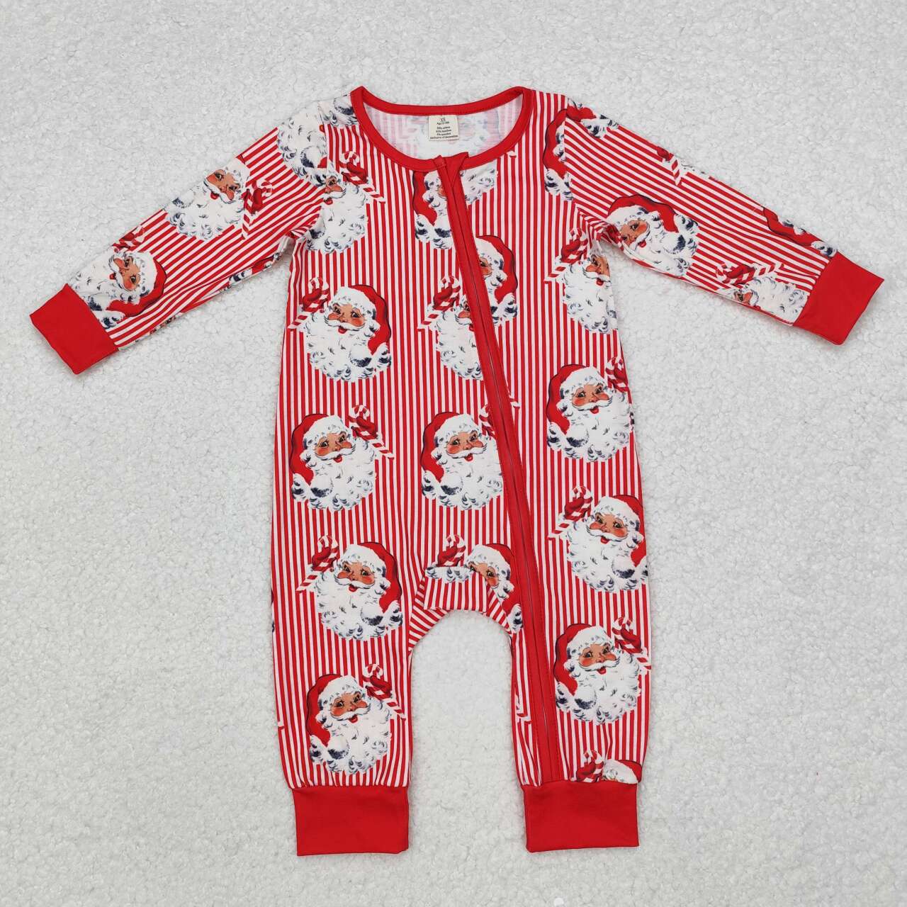 christmas Red Stripe Santa print Baby Romper With zipper( material contains bamboo ）