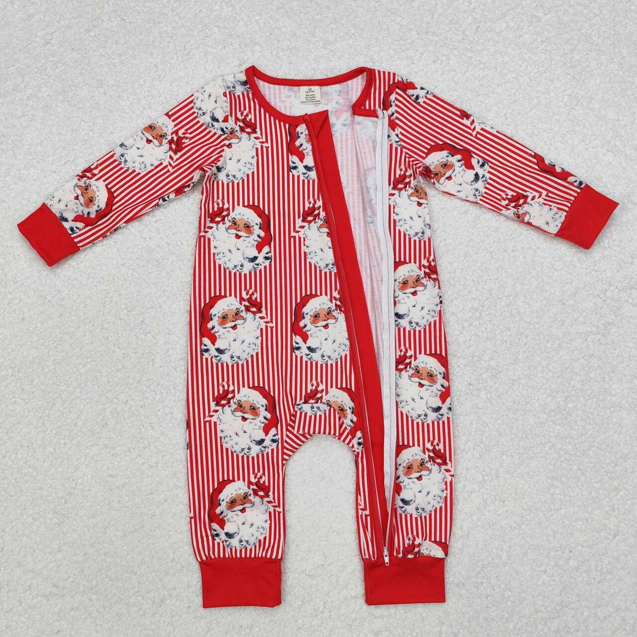 christmas Red Stripe Santa print Baby Romper With zipper( material contains bamboo ）