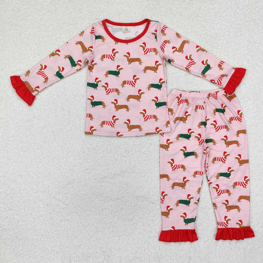 Christmas Pink Dog Print Long Sleeve Pajamas ( material contains bamboo ）