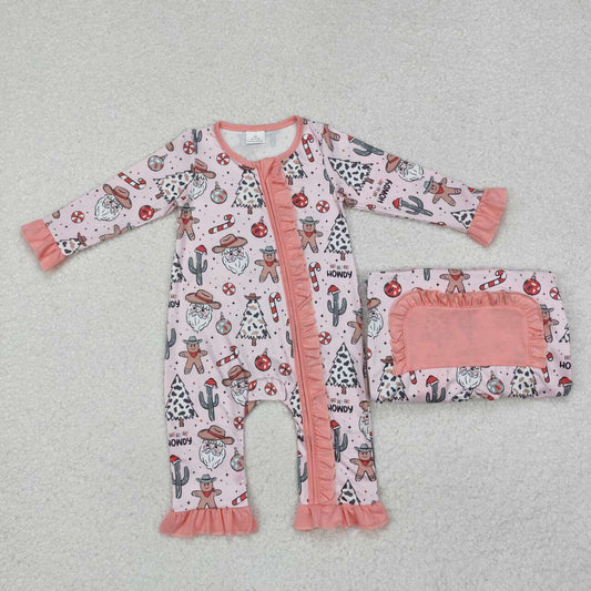 Christmas western pink santa Baby Romper With zipper