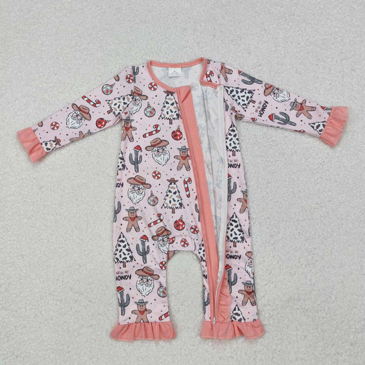 Christmas western pink santa Baby Romper With zipper