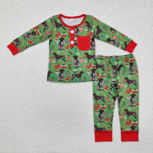 christmas Green Dog print Long Sleeve Pajamas ( material contains bamboo ）