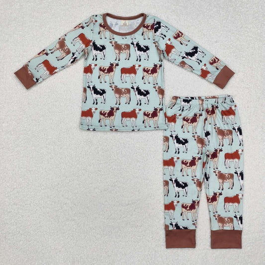 Blue Cow print Long Sleeve Pajamas ( material contains bamboo ）