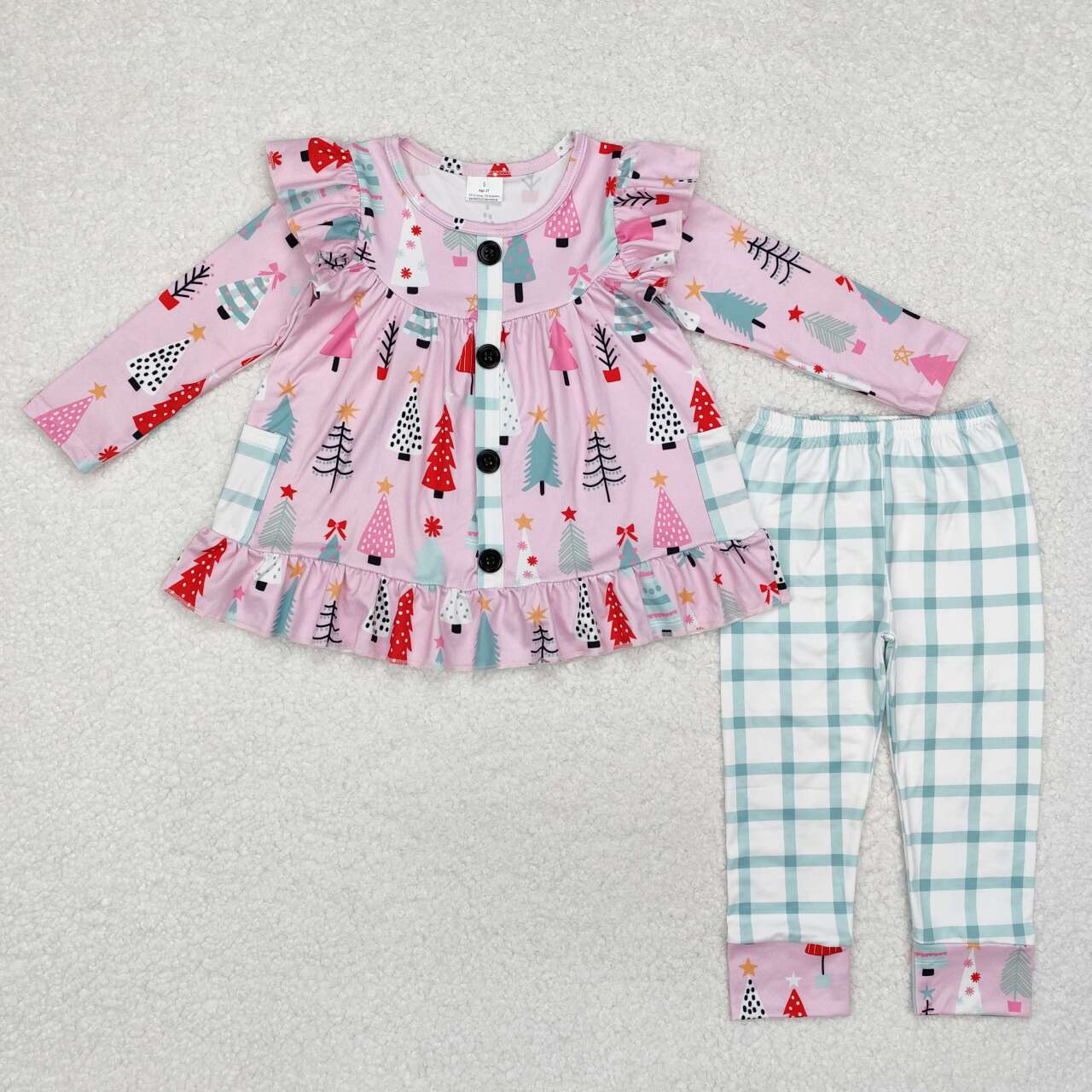 Christmas Pink Tree Print Long Sleeve Pants Set