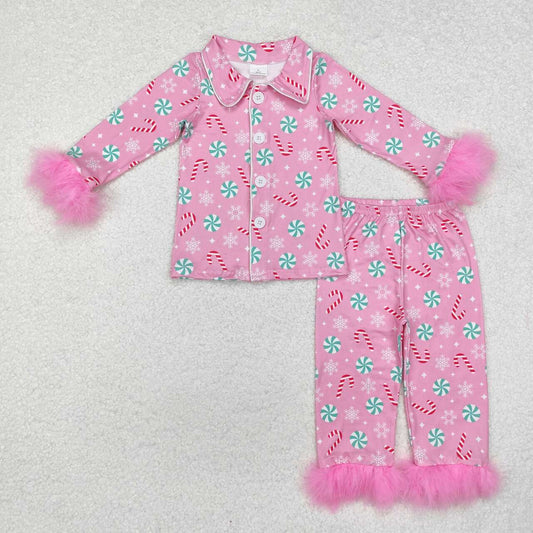 Christmas Pink Candy With Button Girls Pajamas