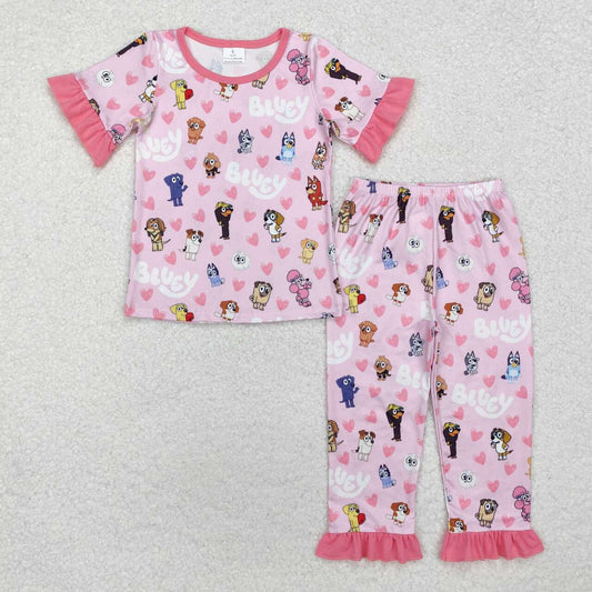 Valentine 'S Day Pink Cartoon Dog Print short Sleeve Paj