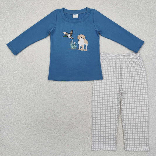 Blue Deer Dog Print embroidered Plaid Print Boy Set