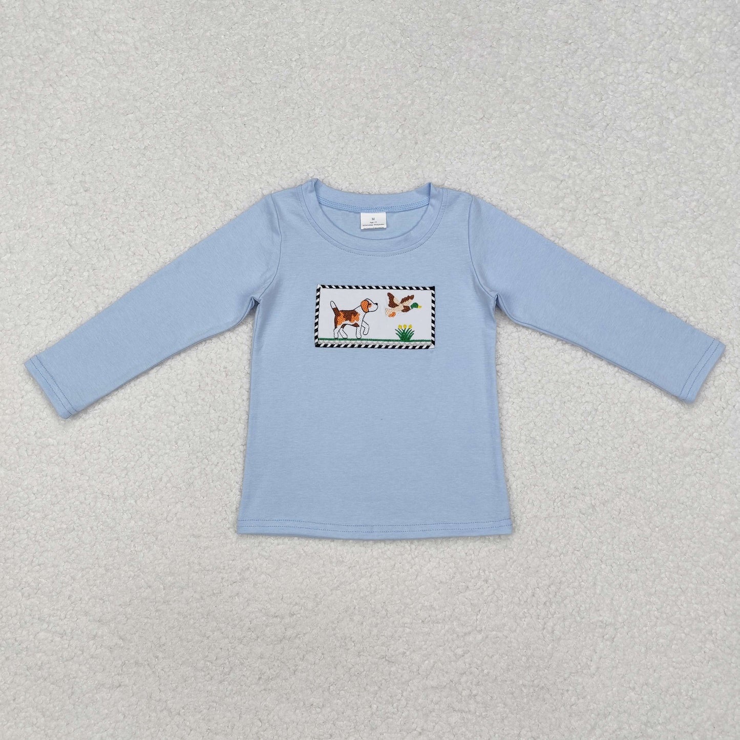 Blue Embroidery Dog Duck Long sleeve Shirt