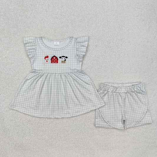 plaid animal embroidery Girls Suit Summer Set