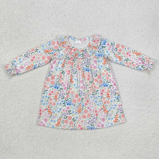 Fall Pink flowers Pattern Cartoon Long Sleeve Girls Dress