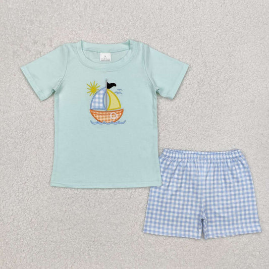 Blue Sun Embroidered Sailboat Boy Set