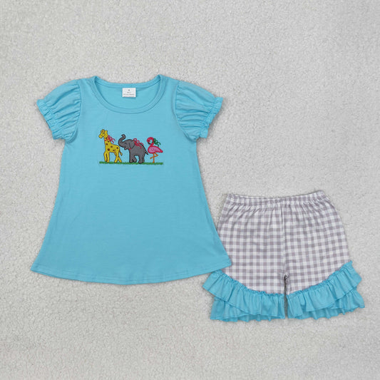 Embroidered blue animal Plaid Girls Summer Set