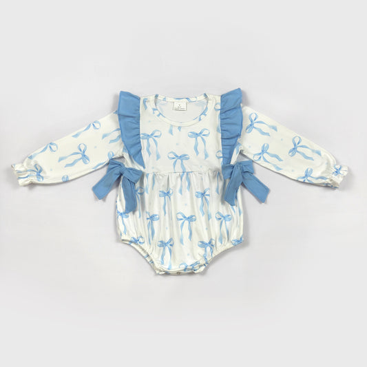 Blue bow Long sleeve Girls baby Romper （us warehouse）