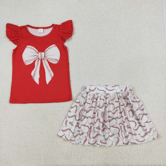 Red Baseball Bow short Sleeve girls Suit Summer Set
