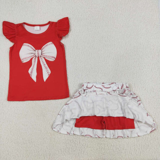 Red Baseball Bow short Sleeve girls Suit Summer Set