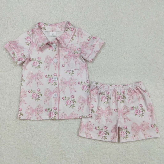 Pink floral Bow print Short Sleeve Short Pajamas