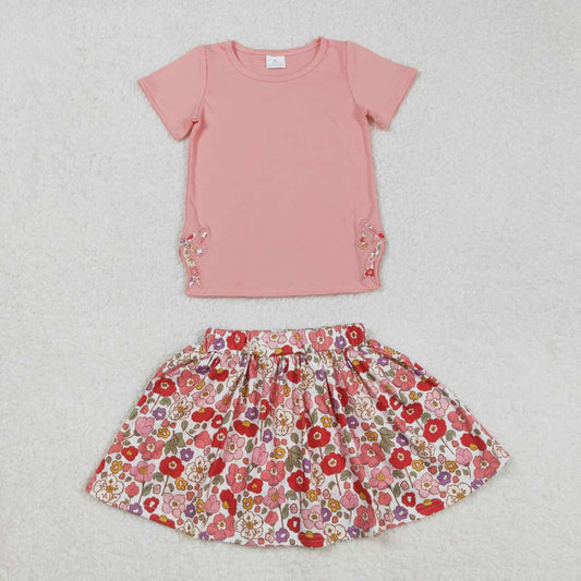 Pink Bow embroidery floral Suit Summer Set